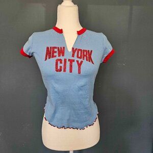 Blue T-Shirt with Red Sparkly New York City and Red Details, Y2K